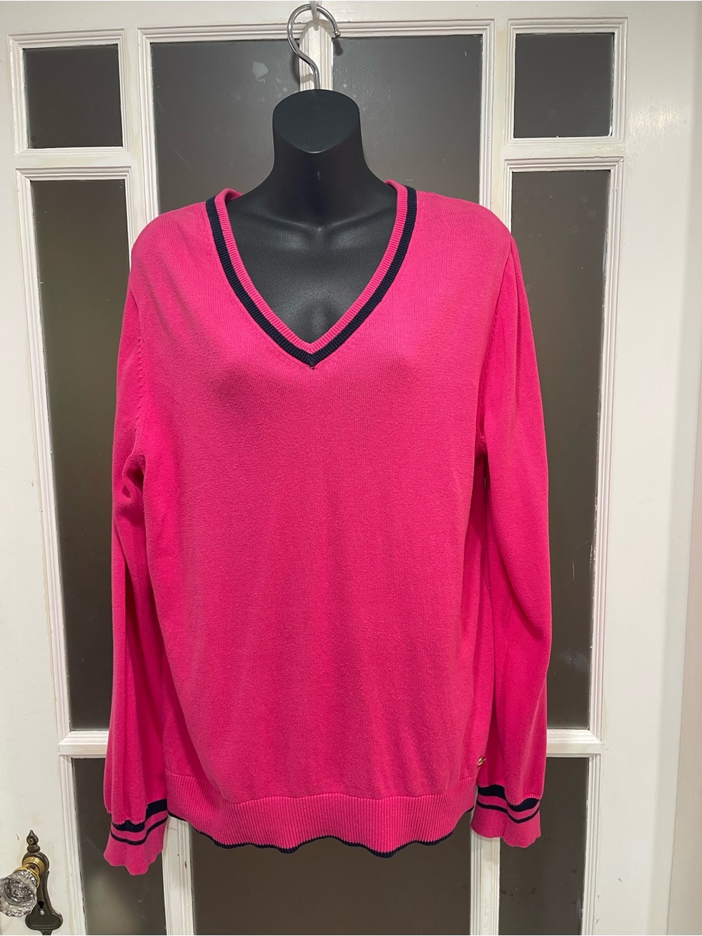 Nautica Hot Pink V-Neck Sweater with Navy Trim